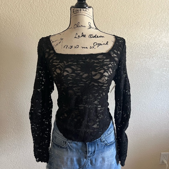Free People Tops - Free People Intimately Womens Sheer Black Floral Lace Long Sleeve Top